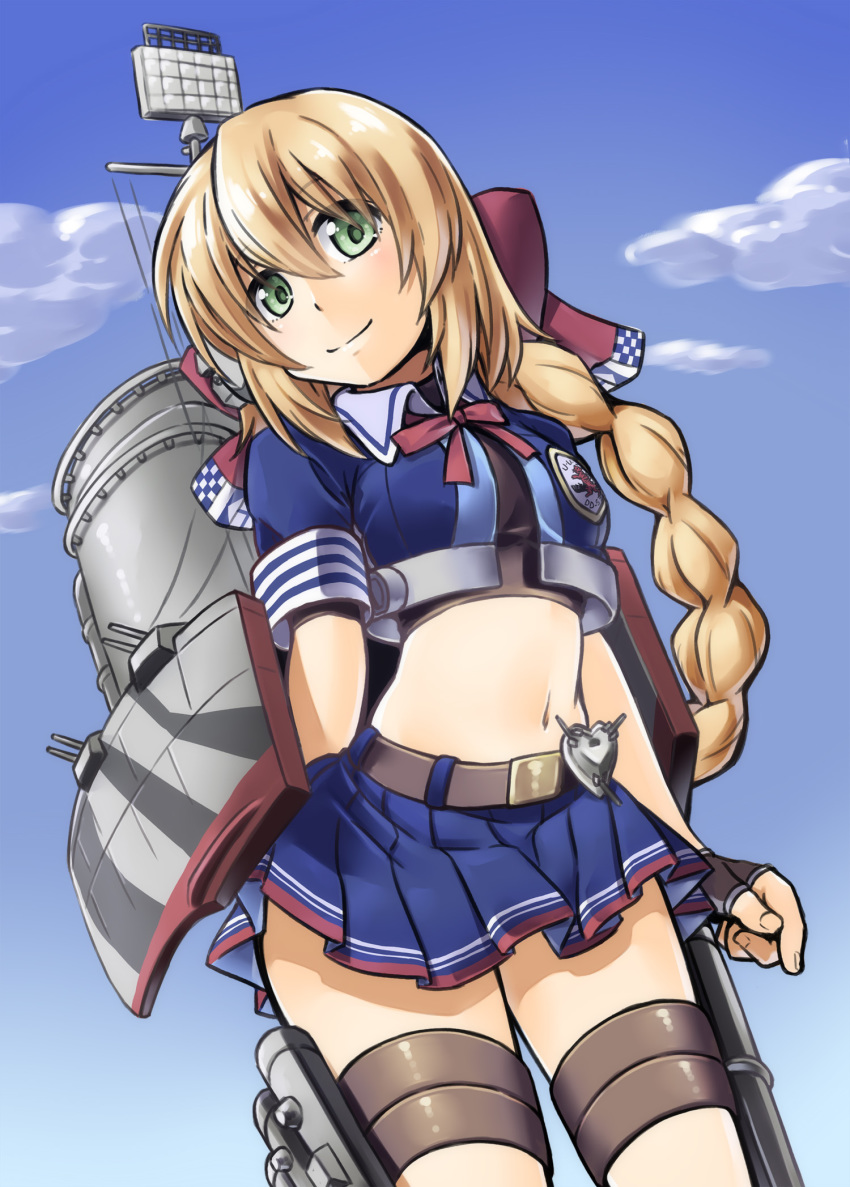 1girl alto-00 belt braid day fingerless_gloves gloves green_eyes hair_ribbon heermann_(warship_girls_r) highres long_braid long_hair looking_at_viewer midriff navel ribbon single_braid sky smile solo warship_girls_r