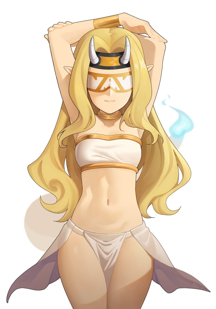 1girl absurdres arms_up blindfold blonde_hair breasts covered_eyes cowboy_shot headband highres horns long_hair medium_breasts midriff navel original pelvic_curtain sleepy_frippy solo stomach strapless tube_top white_tube_top