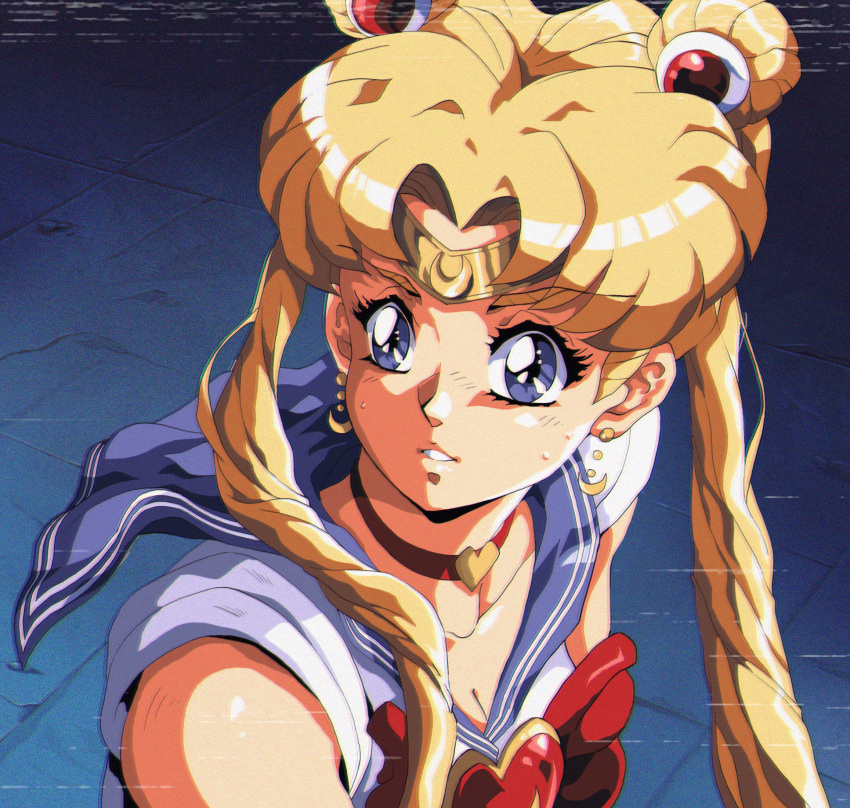 1girl bishoujo_senshi_sailor_moon blue_sailor_collar bow breasts choker chromatic_aberration circlet cleavage commentary crescent crescent_earrings derivative_work double_bun earrings english_commentary film_grain hair_bun heart highres jewelry medium_breasts meme otaking parody parted_lips portrait red_bow red_choker sailor_collar sailor_moon sailor_moon_redraw_challenge_(meme) screenshot_redraw shiny_clothes shiny_skin solo style_parody tsukino_usagi twintails urushihara_satoshi_(style) vhs_artifacts