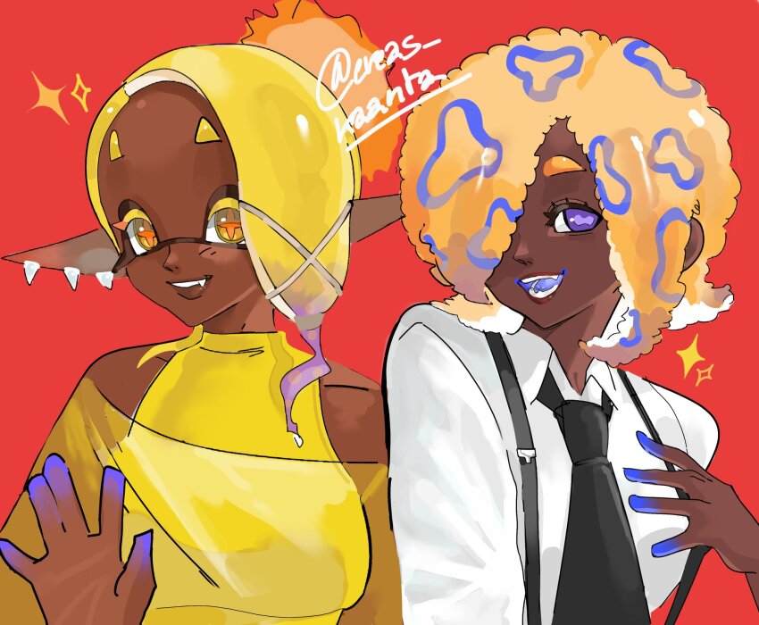 2girls bare_shoulders black_necktie blonde_hair cephalopod_eyes collared_shirt dark-skinned_female dark_skin frye_(splatoon) gradient_hair hair_over_one_eye highres horizontal_pupils inkling kororidrazom long_sleeves multicolored_hair multiple_girls necktie nintendo octoling open_mouth orange_hair patterned_hair purple_eyes purple_hair red_background shirt simple_background sleeveless sleeveless_shirt smile sparkle splatoon_(series) splatoon_3 suspenders tao_blu tentacle_hair twitter_username white_shirt yellow_eyes yellow_shirt