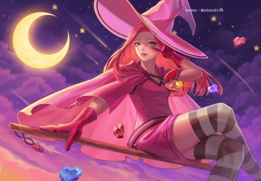 1girl broom broom_riding cape chocolat_meilleure commentary_request dress gloves green_eyes hat heart highres ichino0104 korean_commentary light_smile long_hair looking_at_viewer moon night night_sky orange_hair pink_cape pink_dress pink_gloves pink_hat shooting_star sky solo striped_clothes striped_thighhighs sugar_sugar_rune thighhighs v witch witch_hat