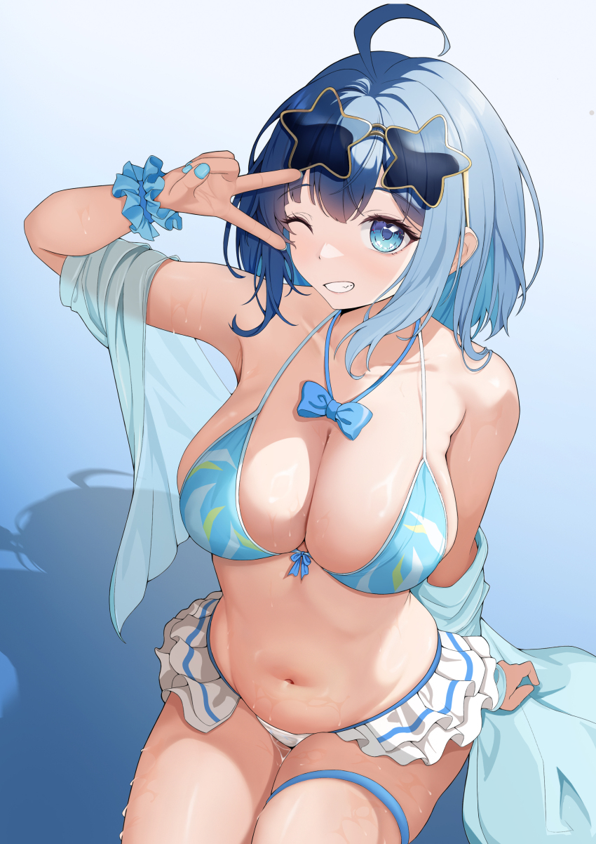 1girl ;d absurdres ahoge arm_support bikini bikini_skirt blue_background blue_bikini blue_bow blue_bowtie blue_eyes blue_hair blue_jacket blue_nails blue_scrunchie bow bowtie breasts chinese_commentary commentary_request cowboy_shot eyewear_on_head gradient_background grin highres jacket large_breasts looking_at_viewer make_heroine_ga_oo_sugiru! medium_hair navel off_shoulder one_eye_closed open_clothes open_jacket open_mouth scrunchie shadow sitting skirt smile solo star-shaped_eyewear star_(symbol) sunglasses swimsuit thigh_strap v v_over_eye white_skirt wrist_scrunchie yanami_anna you_yuxi