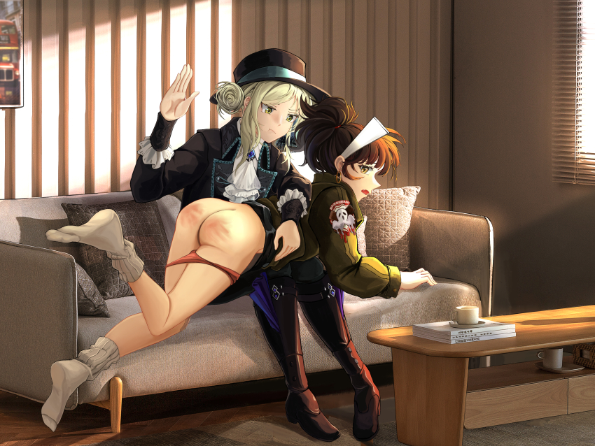 2girls absurdres an-an_lee ass black_footwear blonde_hair boots brown_hair commentary_request couch cup gary-edelweiss ghost_print hand_up hat highres indoors jacket knee_boots legs light_rays long_sleeves looking_back medium_hair multiple_girls open_mouth over_the_knee panties panty_pull pout punishment reverse:1999 short_hair sitting socks spanked spanking table underwear vertin_(reverse:1999) yellow_eyes yuri