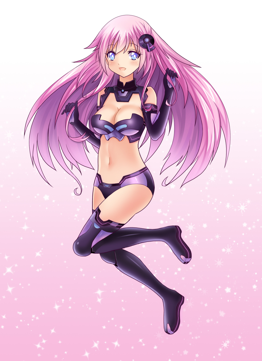 10s 1girl :d absurdres alternate_breast_size bare_shoulders black_gloves black_thighhighs blue_eyes blush boots breasts choujigen_game_neptune_mk2 cleavage cleavage_cutout clothing_cutout crop_top elbow_gloves female_focus floating full_body gloves gradient_background hair_ornament halterneck highres large_breasts leg_lift long_hair magical_girl midriff navel nepgear neptune_(series) open_mouth pink_background pink_hair purple_footwear purple_sister purple_thighhighs roland-gin short_shorts shorts smile solo sparkle thigh_boots thighhighs turtleneck very_long_hair