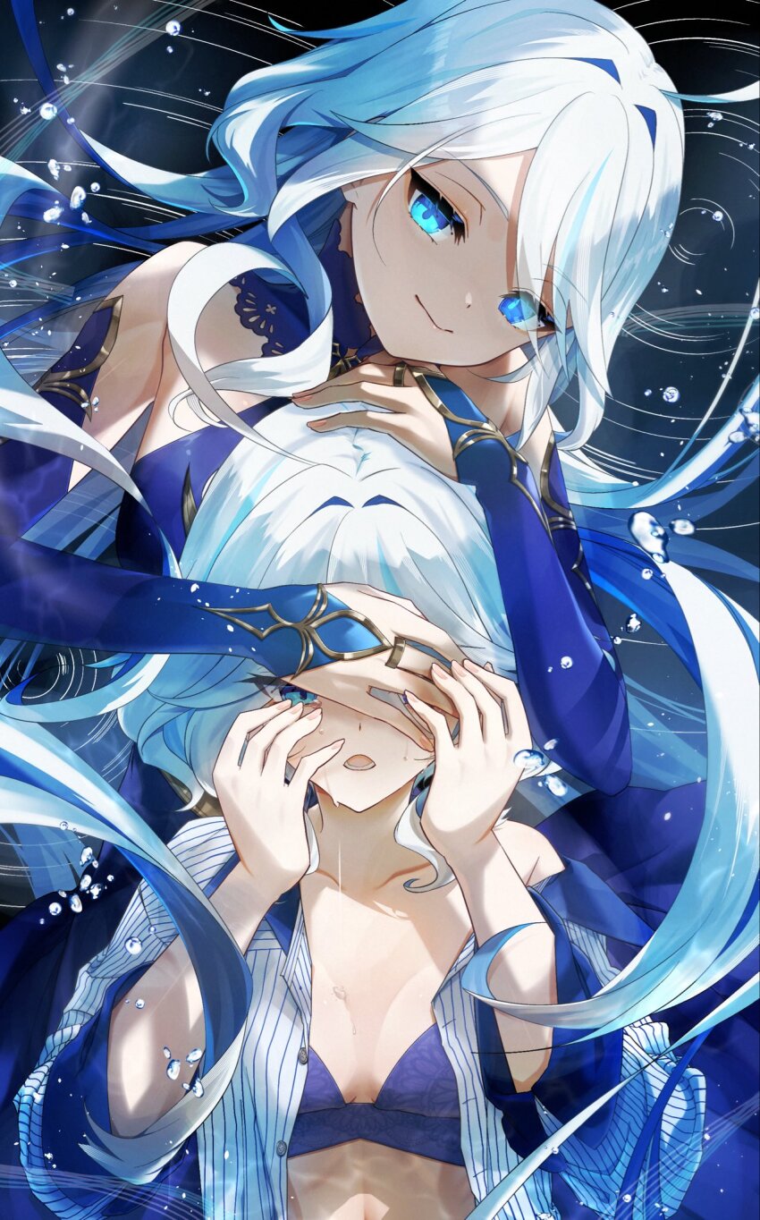 2girls ahoge alternate_costume bare_shoulders black_background blue_bra blue_bridal_gauntlets blue_dress blue_eyes blue_hair blue_pupils bra commentary_request crying dress dress_shirt drop-shaped_pupils furina_(genshin_impact) genshin_impact hair_between_eyes hand_on_another&#039;s_head hand_over_another&#039;s_eyes hands_up heterochromia highres light_blue_hair long_hair looking_at_viewer lower_teeth_only multicolored_hair multiple_girls open_clothes open_mouth open_shirt shirt single_bare_shoulder sleeveless sleeveless_dress smile sora_(garakuta_waltz) streaked_hair symbol-shaped_pupils teeth underwear very_long_hair water_drop white_hair white_shirt