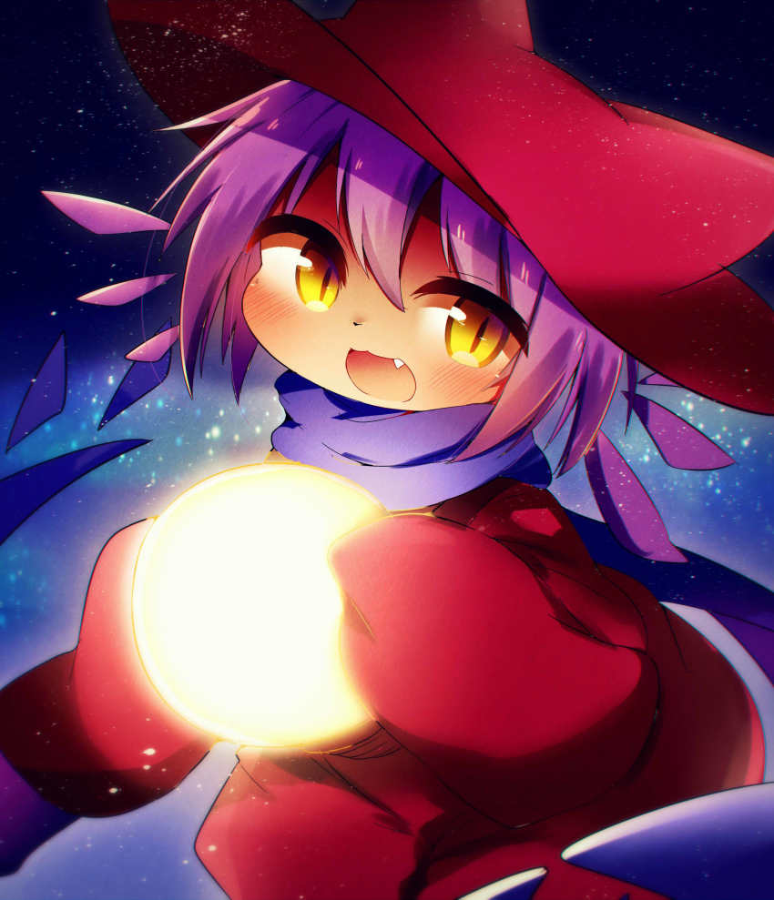 absurdres blush brown_eyes coat fang furry glowing hat highres holding light_bulb looking_at_viewer ne_(nefuraito336) niko_(oneshot) oneshot_(game) open_mouth purple_hair purple_scarf red_coat scarf slit_pupils solo