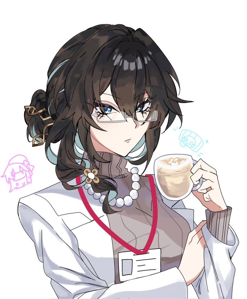 2girls alternate_costume bead_necklace beads blue_eyes blue_hair breasts brown_hair closed_mouth cup doodle_inset expressionless glasses gray_bean_paste_(honkai:_star_rail) herta_(honkai:_star_rail) highres holding holding_cup honkai:_star_rail honkai_(series) id_card jewelry lab_coat lanyard long_sleeves multicolored_hair multiple_girls necklace pearl_necklace ruan_mei_(honkai:_star_rail) semi-rimless_eyewear simple_background sweater turtleneck turtleneck_sweater two-tone_hair under-rim_eyewear upper_body white_background yomirematsubara