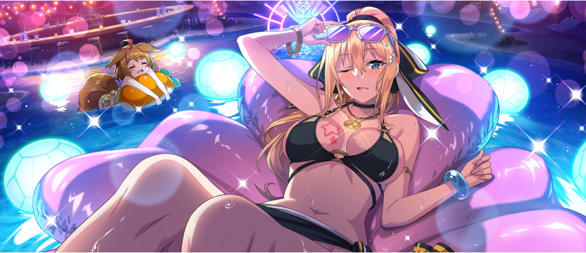 2girls =_= afloat ahoge animal_ears arm_up armlet armpit_crease bangle bar_(place) bikini black_bikini black_bow black_choker blonde_hair blue_eyes blush_stickers bow bracelet breasts breasts_apart brown_hair choker closed_eyes collarbone darkness_(konosuba) earrings ears_down eyewear_on_head fang flower frilled_bikini frills game_cg hair_between_eyes hair_bow hair_flower hair_ornament highres inflatable_raft inflatable_toy jewelry knees_together_feet_apart kono_subarashii_sekai_ni_shukufuku_wo! konosuba!_fantastic_days large_breasts light_blush long_hair looking_at_viewer lying miia_(konosuba) multiple_girls navel o-ring o-ring_bikini o-ring_top official_alternate_costume official_art on_back one_eye_closed open_mouth parted_lips pendant ponytail pool purple-tinted_eyewear raised_eyebrows short_hair side-tie_bikini_bottom sideboob sidelocks skin_fang stomach sunglasses swimsuit tail tinted_eyewear very_long_hair water wet white-framed_eyewear yellow_bikini