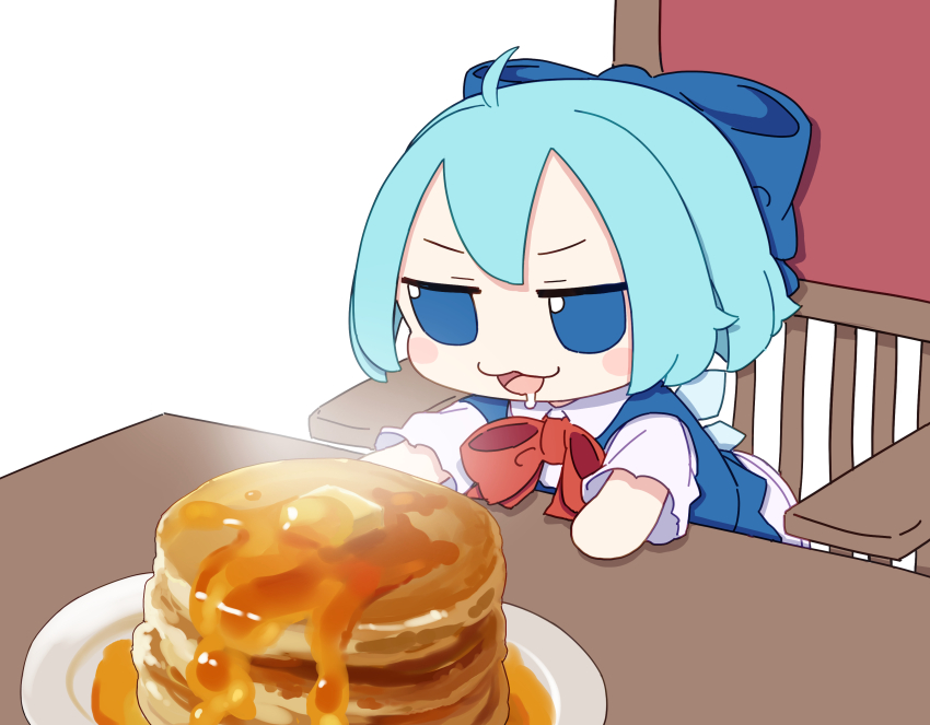 1girl :3 absurdres ahoge blue_bow blue_dress blue_eyes blue_hair blush_stickers bow bowtie chibi chibi_only cirno collared_dress commentary dress drooling food fumo_(doll) hair_between_eyes hair_bow highres ice ice_wings kame_(kamepan44231) looking_at_food on_chair open_mouth pancake pancake_stack plate red_bow red_bowtie short_hair short_sleeves simple_background sitting solo steam table touhou v-shaped_eyebrows white_background wings