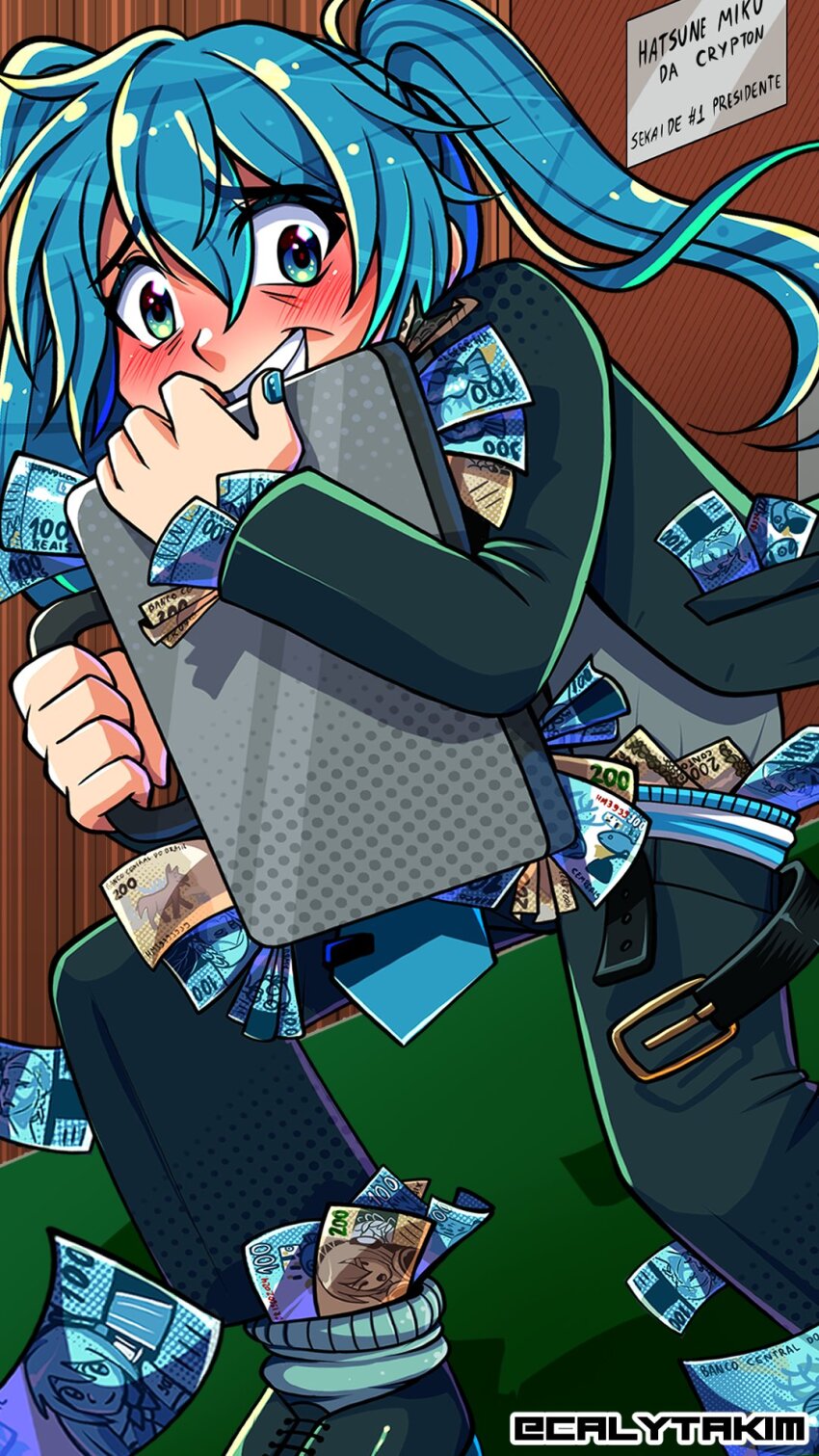 1girl aqua_eyes aqua_hair aqua_nails aqua_necktie belt blush calytakim check_commentary commentary commentary_request formal_clothes green_pants green_suit hatsune_miku highres holding holding_suitcase long_hair long_sleeves loose_belt money necktie pants portuguese_commentary real_bill suit suitcase too_many_banknotes tucked_money twintails twitter_username vocaloid worldwide_miku