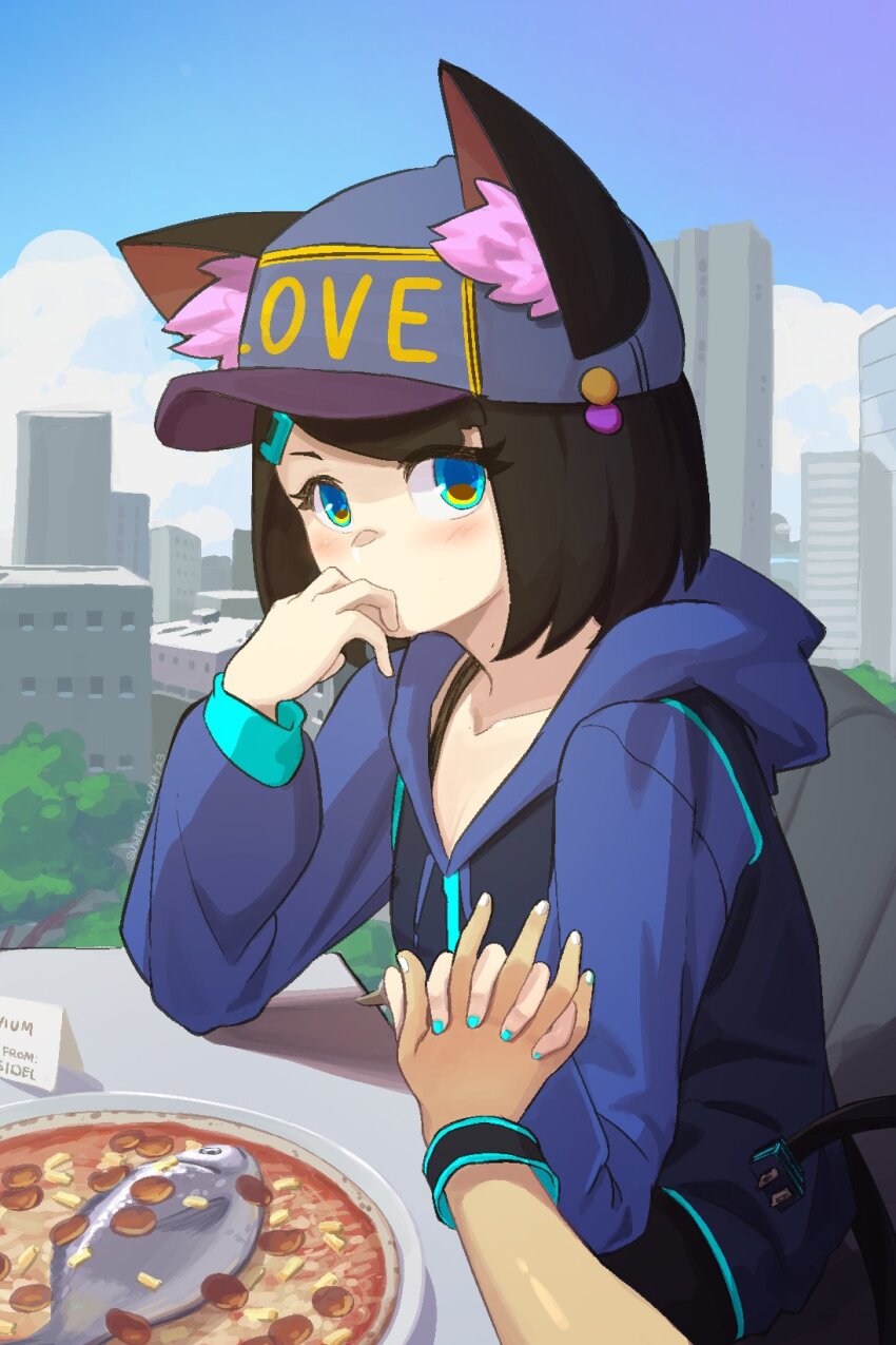 1girl 1other animal_ear_fluff animal_ears aqua_eyes aqua_nails black_hair blush cable cat_ears cat_girl city day ears_through_headwear fish fish_(food) food haqu_(suweeka) hat highres holding_hands holding_hands_is_lewd hood hoodie long_sleeves looking_at_viewer nail_polish original outdoors pizza pov pov_dating pov_hands short_hair solo suweeka tail