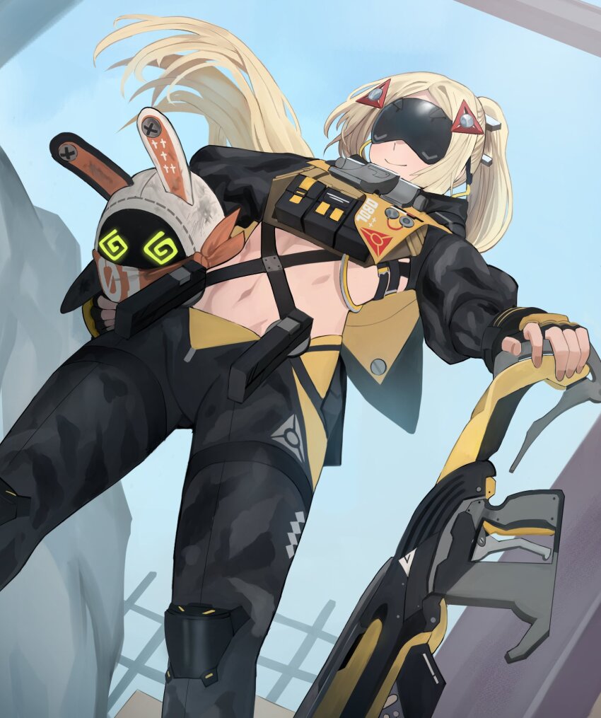 1girl @_@ animal_ears bangboo_(zenless_zone_zero) black_pants blonde_hair breasts eous_(zenless_zone_zero) fingerless_gloves gloves highres jourd4n long_hair navel pants parted_bangs ponytail rabbit_ears scarf solo thighs trigger_(zenless_zone_zero) weapon zenless_zone_zero