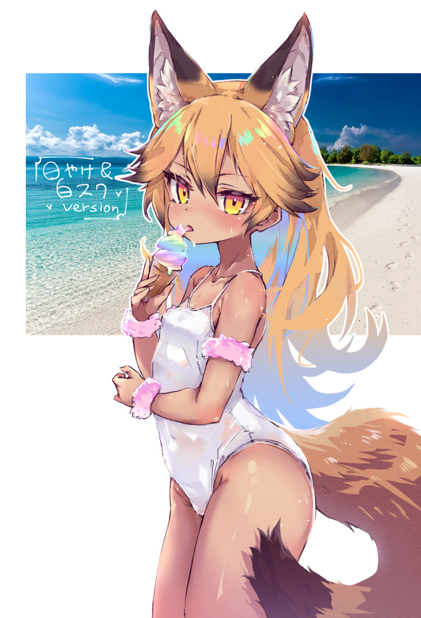 1girl alternate_costume animal_ears armband bare_shoulders brown_hair cowboy_shot ezo_red_fox_(kemono_friends) food fox_ears fox_girl fox_tail hair_between_eyes highres ice_cream kemono_friends kolshica long_hair looking_at_viewer multicolored_hair one-piece_swimsuit orange_eyes orange_hair photo_background sidelocks sleeveless solo spaghetti_strap sweatdrop swimsuit tail tan white_one-piece_swimsuit wristband