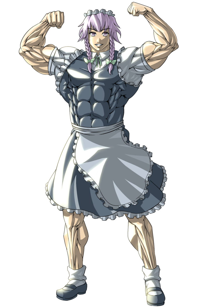 1girl abs billy_herrington female_focus full_body highres ioridonmax13 izayoi_sakuya maid muscular parody simple_background solo touhou white_background