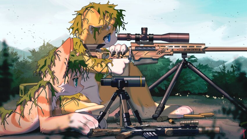 2boys blaedic blue_eyes body_fur claws commission day fewer_digits from_side furry furry_male ghillie_suit gun highres looking_through_scope lying male_focus mountain multiple_boys navel nude on_ground on_stomach original outdoors profile rifle rifle_cartridge scope second-party_source shell_casing sitting sky sniper_rifle telescope tripod weapon