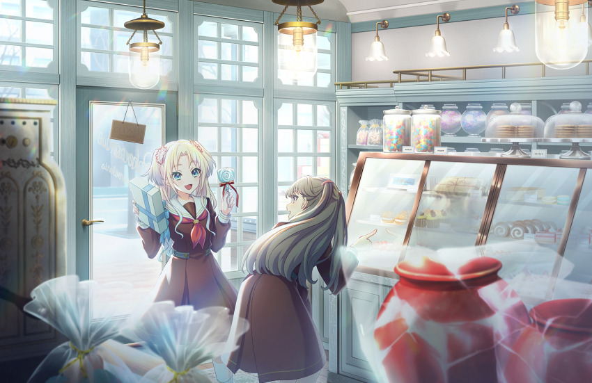 2girls :d bakery blonde_hair blue_eyes blue_hair brown_dress brown_hair cake cake_slice cake_stand candy candy_apple cinnamon_roll door dress flower food fujishima_megumi game_cg gift gradient_hair hair_flower hair_ornament hanging_light hasu_no_sora_school_uniform highres holding holding_candy holding_food holding_gift holding_lollipop indoors leaning_forward light_blue_hair link!_like!_love_live! lollipop long_hair long_sleeves looking_at_another love_live! medium_dress mira-cra_park! multicolored_hair multiple_girls neckerchief official_art open_mouth open_sign osawa_rurino parted_bangs pink_flower pleated_dress pointing purple_eyes red_neckerchief sailor_collar sailor_dress school_uniform shop shopping smile standing third-party_source twintails two_side_up virtual_youtuber white_flower white_sailor_collar wide_shot winter_uniform wrapped_candy wrapped_lollipop