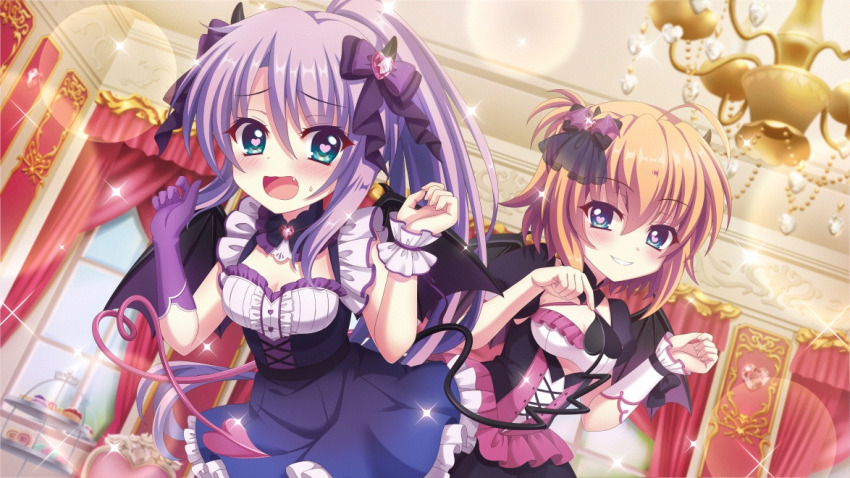 2girls ahoge aqua_eyes bat_hair_ornament black_corset black_horns black_tail blue_eyes blue_skirt blush bow breasts chandelier cleavage corset curtains demon_horns demon_tail demon_wings detached_collar dot_nose dutch_angle expressive_tail fang film_grain food frilled_skirt frills game_cg gloves grin hair_bow hair_ornament hands_up heart heart-shaped_pupils high_ponytail horns indoors izumi_tsubasu lens_flare long_hair multiple_girls non-web_source official_art open_mouth orange_hair pink_corset pink_tail purple_bow purple_gloves purple_hair re:stage! red_curtains shikimiya_mana short_hair sidelocks single_glove skirt small_breasts smile sparkle sweets symbol-shaped_pupils tail tiered_tray touching_tail tsukisaka_sayu window wings