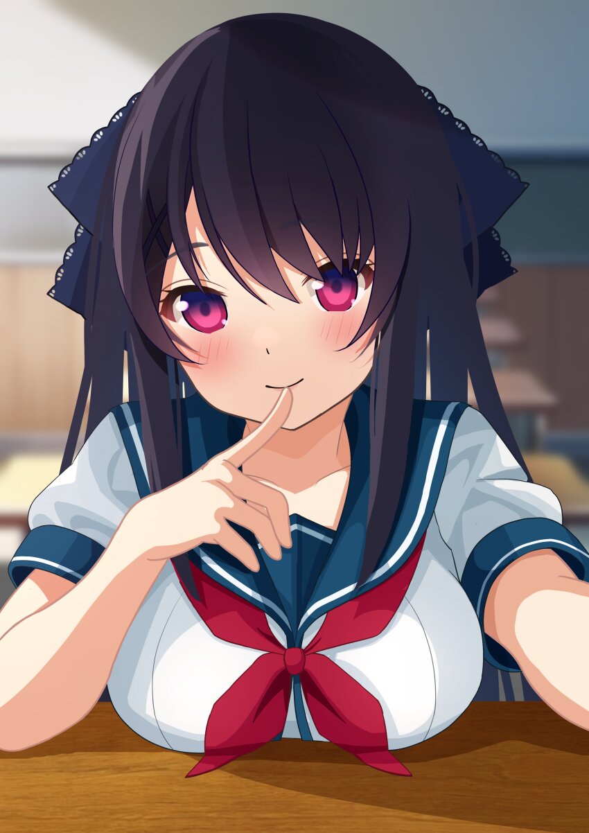 1girl absurdres ao_no_kanata_no_four_rhythm black_hair black_ribbon blue_sailor_collar blurry blurry_background blush breast_rest breasts breasts_on_table classroom closed_mouth commentary desk finger_to_mouth hair_between_eyes hair_ornament hair_over_shoulder hair_ribbon hand_up happy hashtag-only_commentary highres index_finger_raised indoors lace lace-trimmed_ribbon lace_trim large_breasts long_hair looking_at_viewer neckerchief pororo_(r_pororo) purple_eyes red_neckerchief ribbon sailor_collar school_desk school_uniform serafuku shirt short_sleeves sidelocks smile solo straight_hair tobisawa_misaki upper_body white_shirt x_hair_ornament