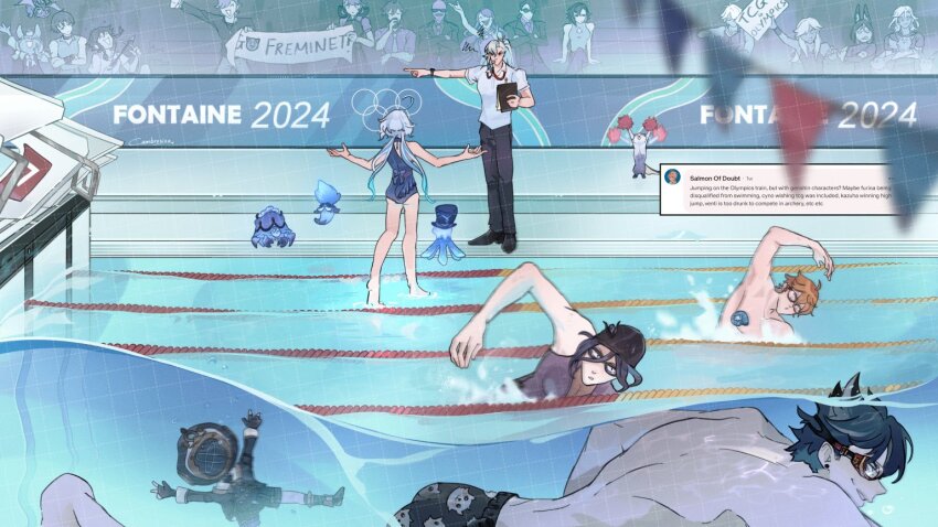 2024_summer_olympics 6+boys 6+girls afterimage alhaitham_(genshin_impact) alternate_costume alternate_hairstyle angry animal arlecchino_(genshin_impact) ass barefoot black_hair blue_hair blurry blurry_foreground bow_(weapon) braid cambrosiaa chat_log cheating_(competitive) cheering choker clorinde_(genshin_impact) closed_mouth commentary contemporary crossed_arms cup cyno_(genshin_impact) dragon dress english_commentary excited facial_hair familiar formal freminet_(genshin_impact) furina_(genshin_impact) genshin_impact gentilhomme_usher gloves goggles high_ponytail holding holding_cup jacket kaveh_(genshin_impact) leisurely_otter_(genshin_impact) long_hair long_sleeves looking_to_the_side lynette_(genshin_impact) lyney_(genshin_impact) mademoiselle_crabaletta male_swimwear melus_(genshin_impact) mini_durin_(genshin_impact) multiple_boys multiple_girls mustache navia_(genshin_impact) necktie neuvillette_(genshin_impact) olympics one-piece_swimsuit open_mouth orange_hair otter outstretched_arm partially_submerged partially_underwater_shot pointing pom_pom_(cheerleading) pool scaramouche_(genshin_impact) screenshot_inset shirt shoes short_hair short_sleeves shorts side_braid sigewinne_(genshin_impact) silver_(genshin_impact) smile smirk squiggle standing standing_on_liquid suit suit_jacket sunglasses surintendante_chevalmarin swim_cap swim_trunks swimming swimsuit tartaglia_(genshin_impact) tighnari_(genshin_impact) twin_braids twintails underwater v-shaped_eyebrows venti_(genshin_impact) water weapon wriothesley_(genshin_impact) zhongli_(genshin_impact)