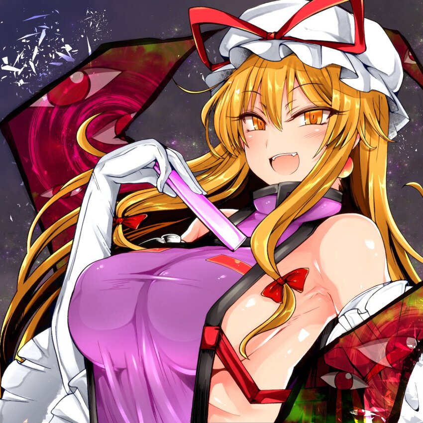 1girl bare_shoulders blonde_hair breasts elbow_gloves folded_fan folding_fan gap_(touhou) gloves hand_fan hat highres holding holding_fan large_breasts long_hair mob_cap no_bra purple_tabard roki_(hirokix) sideboob smile tabard touhou yakumo_yukari yellow_eyes