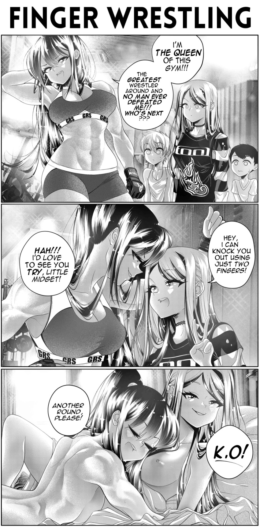 2boys 2girls 3koma abs aftersex back bed bike_shorts blanket breasts comic english_text gloves greyscale grs- gym highres large_breasts long_hair monochrome multiple_boys multiple_girls muscular muscular_female navel nipples nude original right-to-left_comic shirt short_hair sideboob speech_bubble sports_bra tool_(band) yuri