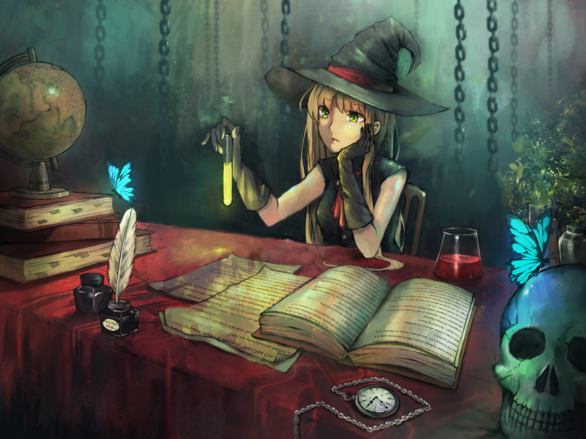 1girl bad_id bad_pixiv_id book bug butterfly feathers female_focus globe gloves hat ink insect original pocket_watch seafh skull solo test_tube watch witch witch_hat