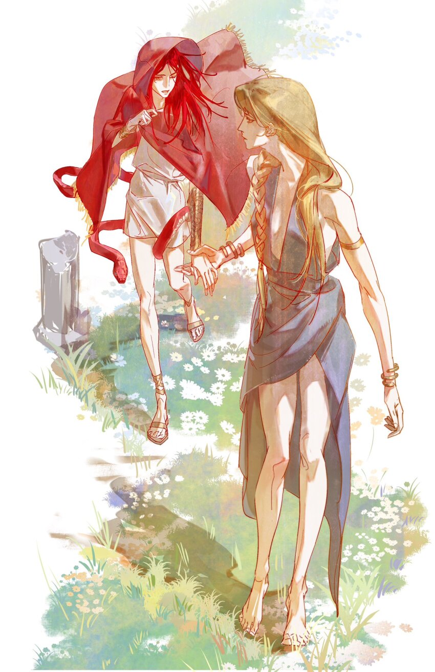 1boy 1girl 1other armlet blonde_hair elden_ring elden_ring:_shadow_of_the_erdtree from_above grass highres holding_hands jewelry looking_at_another messmer_the_impaler mother_and_son outdoors queen_marika_the_eternal red_hair siyemmm snake standing walking