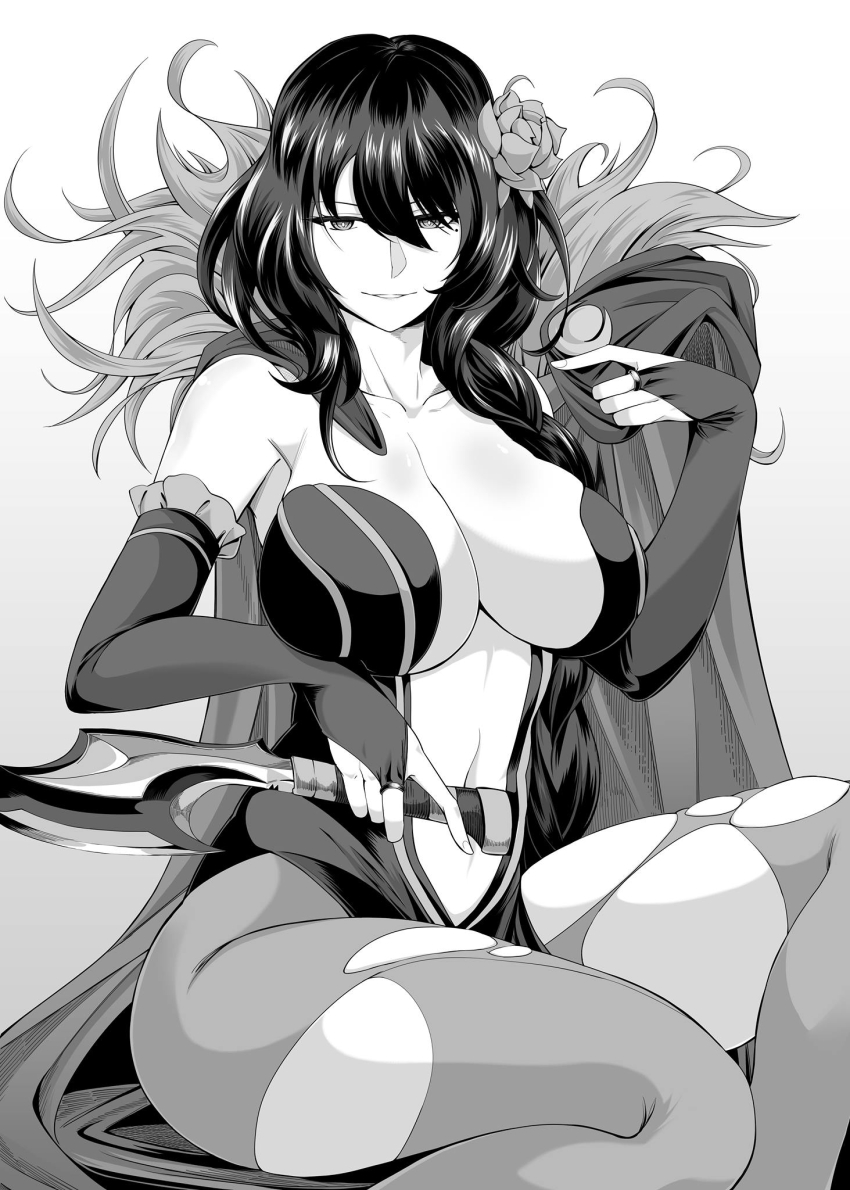 1girl breasts chicke_iii cleavage closed_mouth dagger elbow_gloves elsa_granhilte flower gloves greyscale hair_between_eyes hair_flower hair_ornament hand_up highres holding holding_dagger holding_knife holding_weapon knee_up knife large_breasts long_sleeves monochrome pantyhose re:zero_kara_hajimeru_isekai_seikatsu sitting smile solo torn_clothes torn_pantyhose weapon