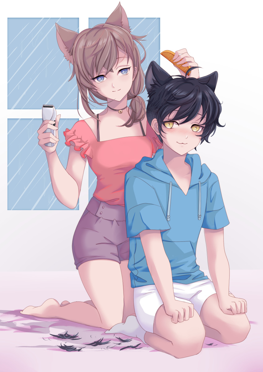 1boy 1girl absurdres animal_ears black_hair cat_boy cat_girl clippers cutting_hair highres light_brown_hair window