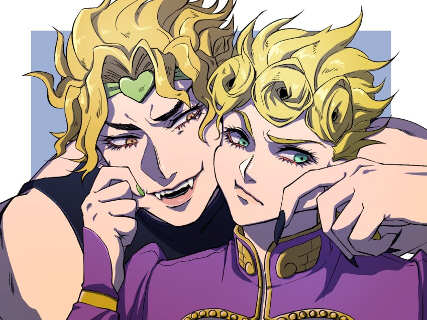 2boys bishounen black_nails blonde_hair dio_brando earrings eyelashes fangs father_and_son fingernails giorno_giovanna green_eyes jewelry jojo_no_kimyou_na_bouken long_fingernails long_hair multiple_boys nail_polish naizo_taro smile vampire yellow_eyes