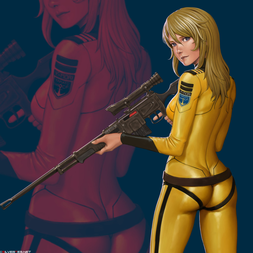 1girl anchor ass belt blonde_hair blue_eyes bodysuit gun highres impossible_clothes long_hair looking_at_viewer looking_back military military_uniform mori_yuki original rifle science_fiction signature silvertes sniper sniper_rifle uchuu_senkan_yamato uchuu_senkan_yamato_2199 weapon zoom_layer