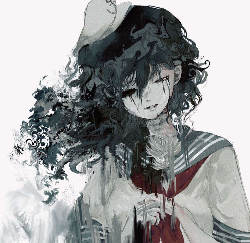 1girl abstract anchor anchor_print anchor_symbol black_hair black_tears crying curly_hair distortion flower ghost green_sailor_collar hair_between_eyes hat highres long_hair long_neck messy_hair mitsusame murasa_minamitsu neckerchief open_mouth red_neckerchief sailor sailor_collar sailor_hat shirt short_sleeves simple_background touhou wet wet_hair white_background white_hat white_shirt