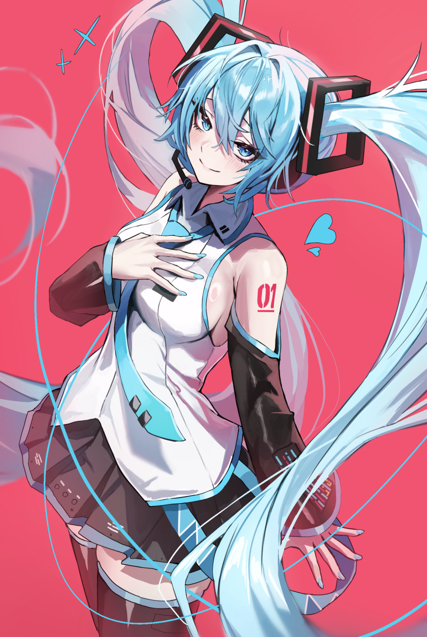 1girl aqua_eyes aqua_hair aqua_nails aqua_necktie aqua_trim black_skirt black_sleeves black_thighhighs breasts collared_shirt cowboy_shot detached_sleeves dotthebot from_above hand_on_own_chest hatsune_miku headphones heart highres long_hair looking_at_viewer looking_up medium_breasts miniskirt nail_polish necktie number_tattoo pleated_skirt red_background shirt shoulder_tattoo simple_background skirt sleeveless sleeveless_shirt smile solo tattoo thighhighs twintails very_long_hair vocaloid white_shirt