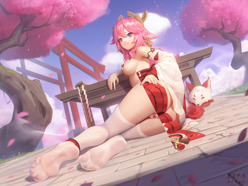 1girl animal_ears armpits bare_legs breasts cameltoe detached_sleeves earrings feet floppy_ears foot_focus foreshortening fox_ears genshin_impact japanese_clothes jewelry long_hair looking_at_viewer looking_back low-tied_long_hair medium_breasts no_shoes panties pasties pink_hair sarena sideboob soles tassel tassel_pasties thighhighs toes topless underwear white_panties white_thighhighs yae_miko