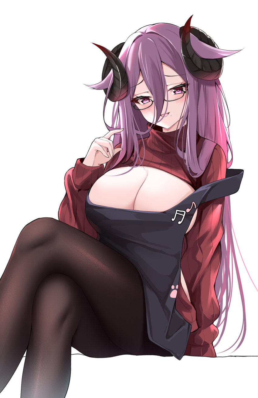 1girl absurdres azur_lane black_horns breast_cutout breasts catnnn cleavage curled_horns friedrich_carl_(a_game_of_love)_(azur_lane) friedrich_carl_(azur_lane) glasses hair_between_eyes highres horns large_breasts long_hair long_sleeves mole mole_under_mouth official_alternate_costume open_mouth pantyhose purple_eyes purple_hair red_sweater semi-rimless_eyewear simple_background solo sweater thighs