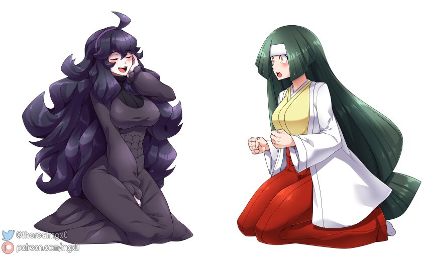 2girls :d absurdres ahoge black_hair blunt_ends blush breasts channeler_(pokemon) clenched_hand commentary commission creatures_(company) english_commentary eyelashes game_freak hakama hex_maniac_(pokemon) highres japanese_clothes large_breasts long_hair mgx0 multiple_girls nintendo open_mouth pokemon pokemon_lgpe pokemon_xy purple_hair red_hakama simple_background sitting smile teeth upper_teeth_only very_long_hair white_background wide-eyed