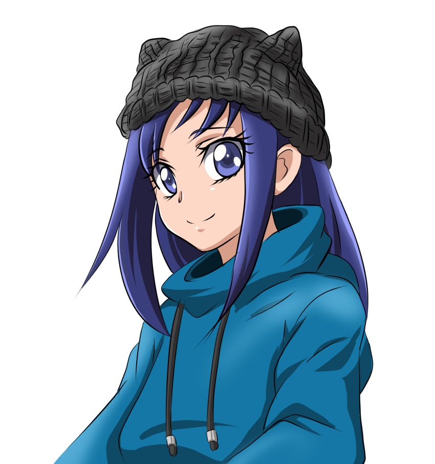 1girl arudebido beanie black_hat blue_eyes blue_hair blue_shirt dokidoki!_precure female_focus hat highres hishikawa_rikka knit_hat long_hair looking_at_viewer matching_hair/eyes precure shirt smile solo sweater white_background