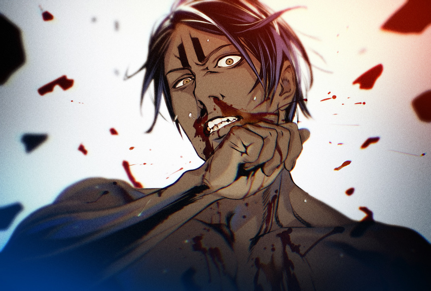 1boy black_hair blood blood_splatter brown_eyes clenched_teeth collarbone dark-skinned_male dark_skin golden_kamuy koito_otonoshin looking_at_viewer male_focus nosebleed nude parted_bangs raised_eyebrows short_hair simple_background solo sweat teeth toned toned_male upper_body w55674570w