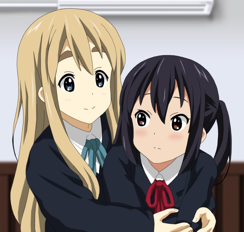 2girls blonde_hair blue_eyes blush brown_eyes bushy_eyebrows closed_mouth cp9a day dot_nose female_focus hair_between_eyes hug indoors k-on! kotobuki_tsumugi long_hair long_sleeves multiple_girls nakano_azusa sakuragaoka_high_school_uniform school_uniform smile standing thick_eyebrows twintails