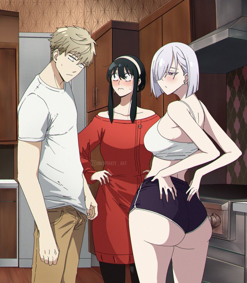 1boy ass bare_shoulders black_hair blush breasts crop_top dress earrings fiona_frost gold_earrings hairband highres husband_and_wife inkspirate jewelry large_breasts long_hair long_sleeves midriff navel red_eyes red_sweater short_hair short_shorts shorts sidelocks spy_x_family sweater tank_top twilight_(spy_x_family) two-sided_dress two-sided_fabric white_hairband white_tank_top yor_briar