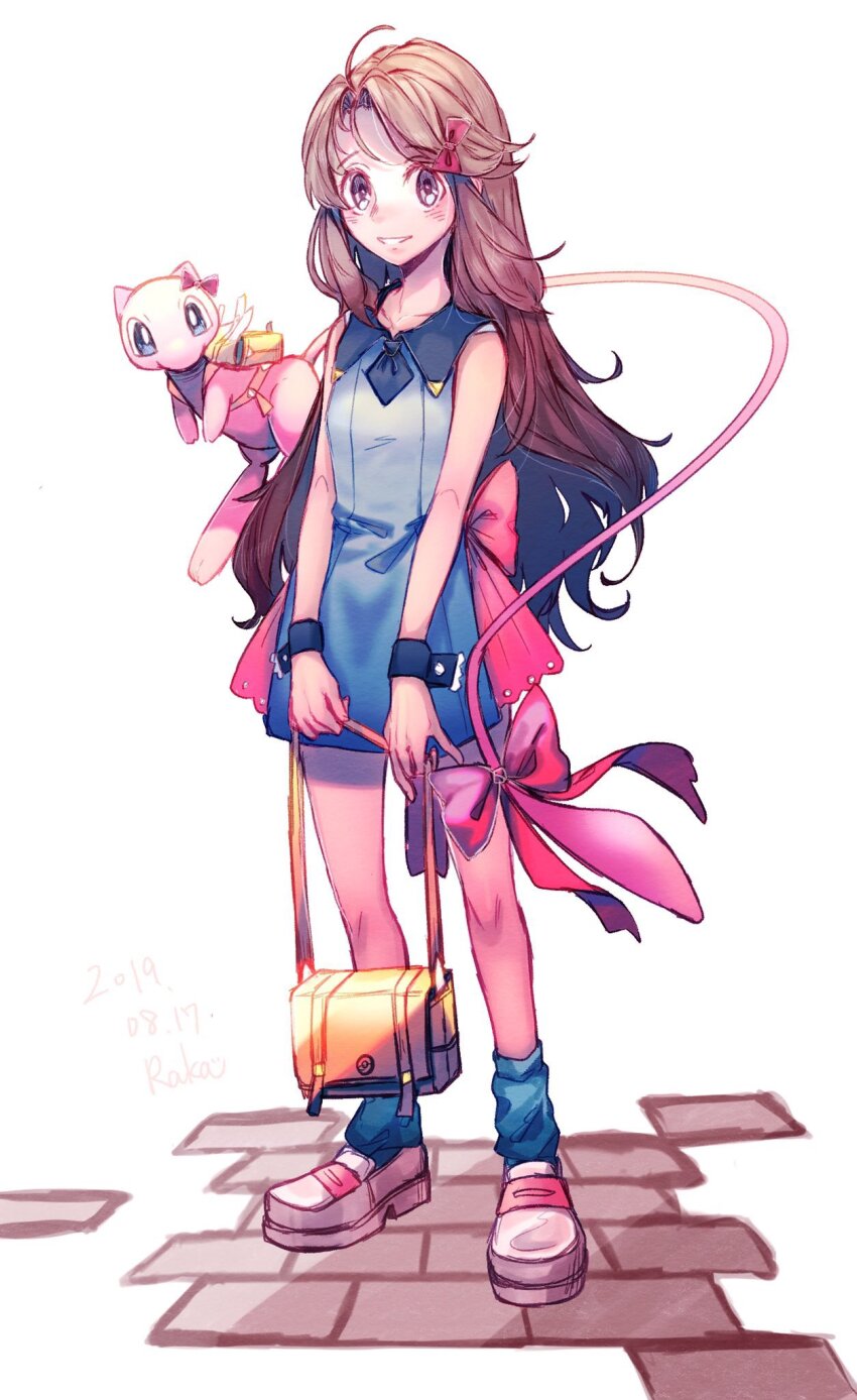 1girl 2019 adapted_costume artist_name bag black_necktie black_wrist_cuffs blue_dress blue_socks bow brown_hair creatures_(company) dated dress game_freak gen_1_pokemon grin hair_bow hair_intakes handbag highres holding holding_bag leaf_(pokemon) legendary_pokemon legs_apart long_hair mew_(pokemon) mythical_pokemon necktie nintendo pokemon pokemon_(creature) pokemon_frlg r.aka. red_bow shoes short_dress short_necktie sleeveless sleeveless_dress smile socks standing very_long_hair white_eyes wrist_cuffs yellow_bag