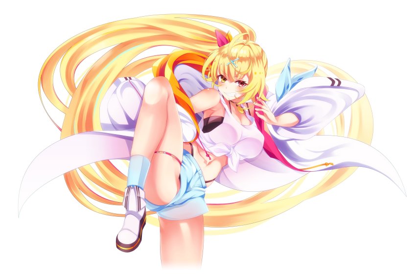 1girl absurdly_long_hair absurdres ass bare_shoulders black_panties blonde_hair breasts cleavage commentary_request crop_top denim denim_shorts front-tie_top grin hair_ornament hair_ribbon heterochromia highleg highres hoshikawa_sara hoshikawa_sara_(1st_costume) jacket knee_up large_breasts long_hair looking_at_viewer midriff navel nijisanji off_shoulder open_clothes open_jacket panties panty_peek pesamaru ponytail red_eyes ribbon shirt shoes short_shorts shorts simple_background sleeveless sleeveless_shirt smile socks solo standing standing_on_one_leg tank_top undershirt underwear v-shaped_eyebrows very_long_hair virtual_youtuber white_background white_footwear white_jacket white_shirt x_hair_ornament yellow_eyes