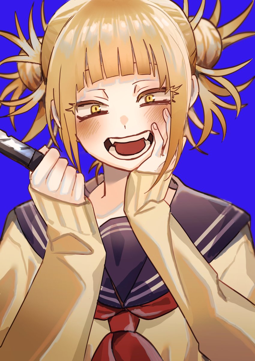 1girl absurdres bags_under_eyes blonde_hair blue_background blue_sailor_collar blunt_bangs blush boku_no_hero_academia cardigan double_bun eyeliner fangs hair_bun hand_on_own_cheek hand_on_own_face highres holding holding_knife jun_(nad-j) knife long_sleeves looking_at_viewer makeup messy_hair narrowed_eyes neckerchief open_mouth red_neckerchief sailor_collar sanpaku school_uniform serafuku sidelocks simple_background slit_pupils smile solo teeth toga_himiko upper_body yellow_cardigan yellow_eyes