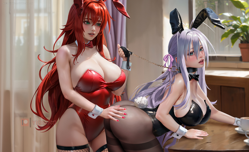 2girls animal_ears ass bent_over black_bow black_bowtie black_choker black_leotard bow bowtie breasts chain chain_leash choker cleavage crossed_bangs detached_collar fake_animal_ears fake_tail female_focus fishnet_thighhighs fishnets hair_between_eyes high_school_dxd highleg highleg_leotard holding holding_leash huge_breasts indoors large_breasts leash leotard multiple_girls pantyhose parted_lips plant playboy_bunny potted_plant rabbit_ears rabbit_tail red_bow red_bowtie red_hair red_leotard red_nails rias_gremory rossweisse smile strapless strapless_leotard striped_clothes tail thighband_pantyhose thighhighs thong thong_leotard vertical-striped_clothes wrist_cuffs yiqiang