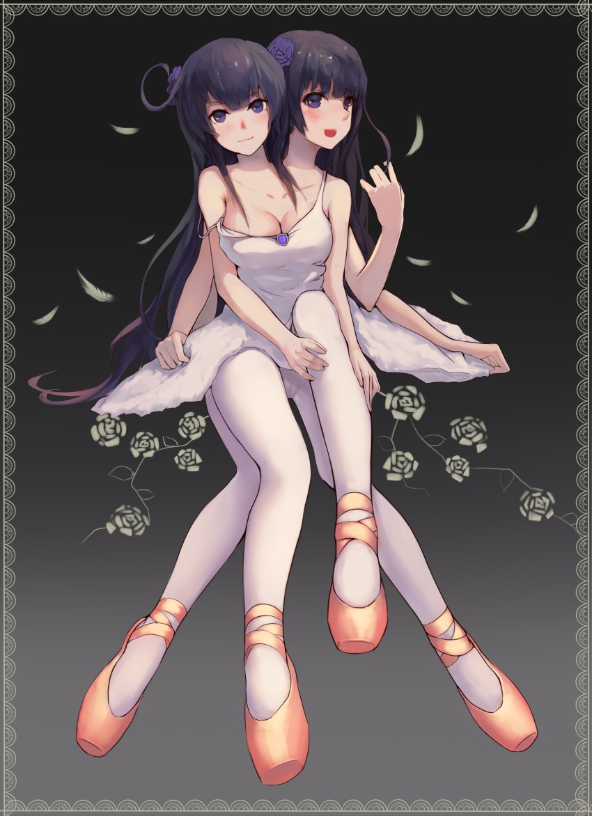 2girls absurdres ballerina black_hair blue_eyes blush breasts conjoined dress extra_arms female_focus flower giant giantess highres jelena_lakhya looking_at_viewer multi_arm multi_head multi_leg multi_limb multiple_girls open_mouth phen-projnu shoes smile thighhighs tongue uta_(utaite) what