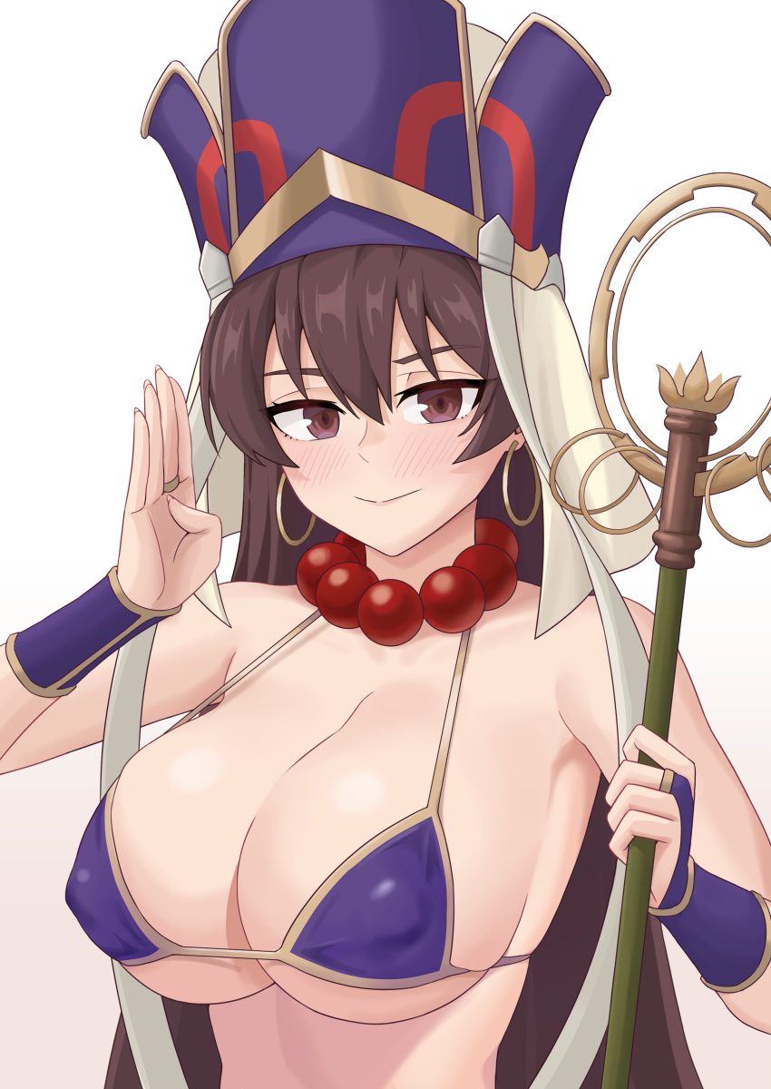 1girl absurdres bead_necklace beads bikini breasts bridal_gauntlets brown_eyes brown_hair covered_erect_nipples earrings fate/grand_order fate_(series) hat highres hoop_earrings jewelry large_breasts liu_han long_hair necklace purple_bikini revision shakujou solo staff swimsuit xuangzang_sanzang_(fate)