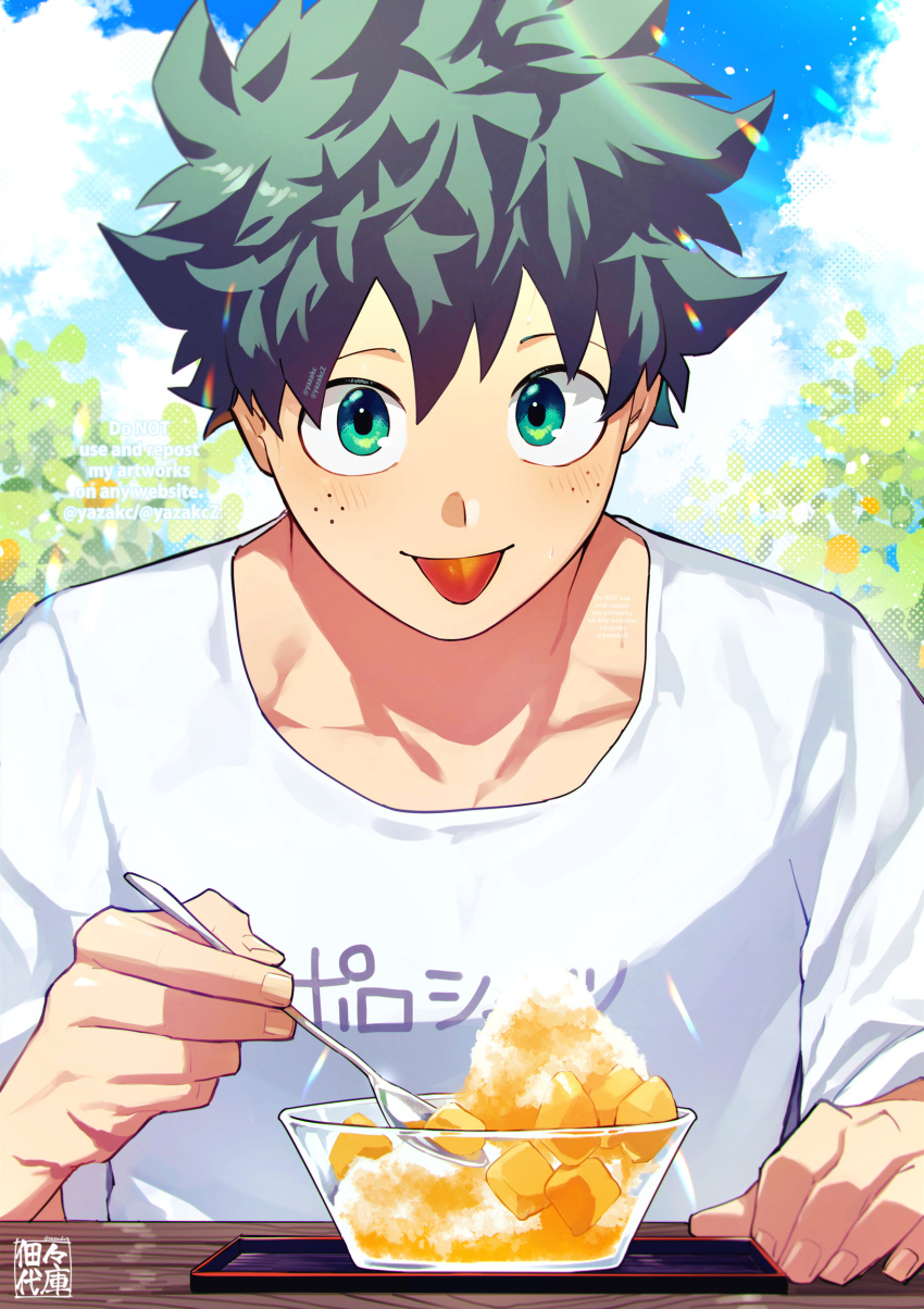 1boy absurdres blush boku_no_hero_academia food freckles fruit green_eyes green_hair highres looking_at_viewer male_focus mango midoriya_izuku shaved_ice shirt short_hair solo t-shirt tongue tongue_out white_shirt yazaki_(yazakc)