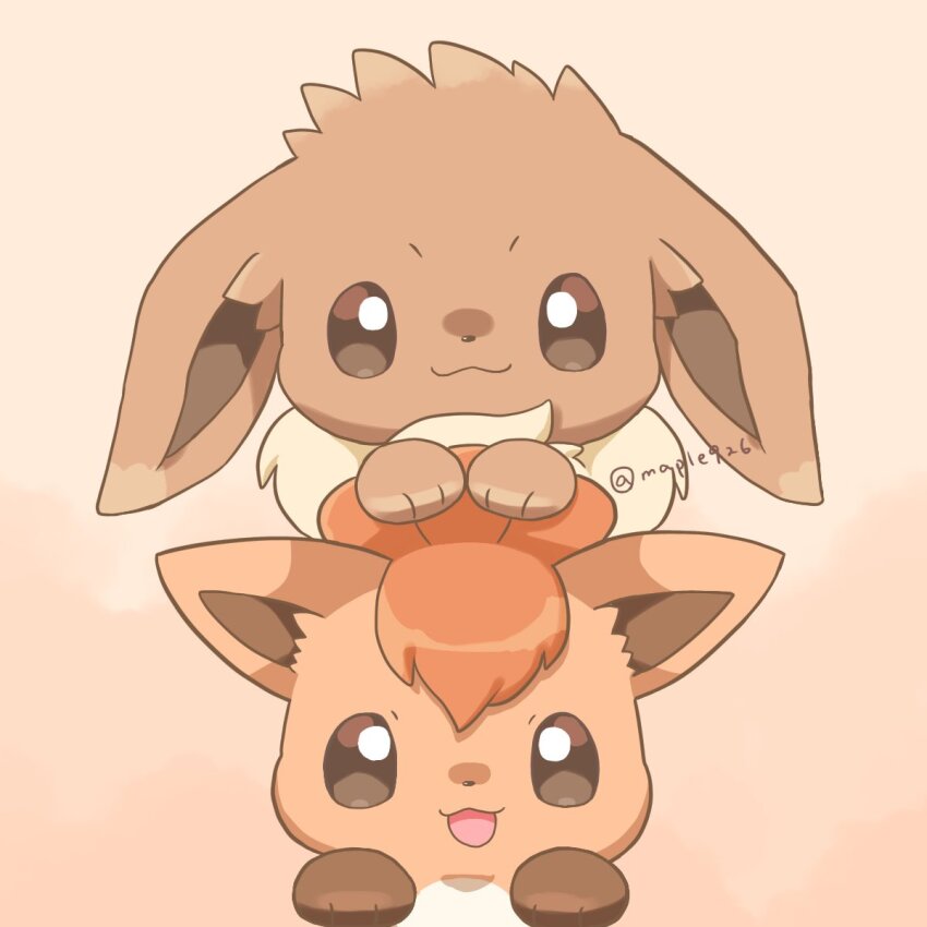 bright_pupils brown_eyes closed_mouth creatures_(company) eevee game_freak gen_1_pokemon highres kana_(maple926) looking_at_viewer nintendo no_humans open_mouth orange_hair pokemon pokemon_(creature) smile twitter_username vulpix white_pupils