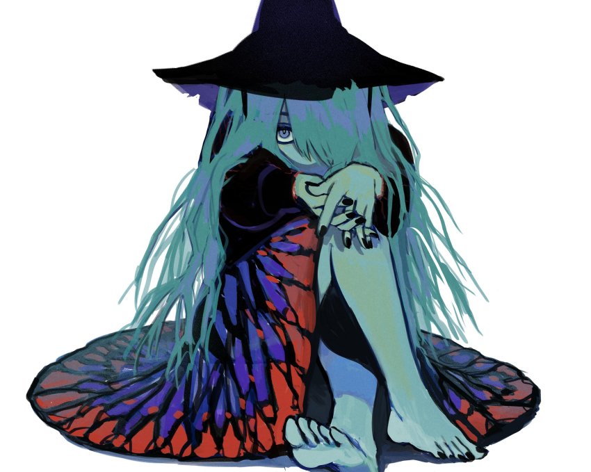 1girl aqua_hair aqua_skin bare_legs barefoot black_hat black_nails blue_eyes colored_skin dress hair_over_one_eye hat highres long_hair looking_at_viewer nail_polish original own_hands_together shadow simple_background solo toktin_zq white_background witch_hat