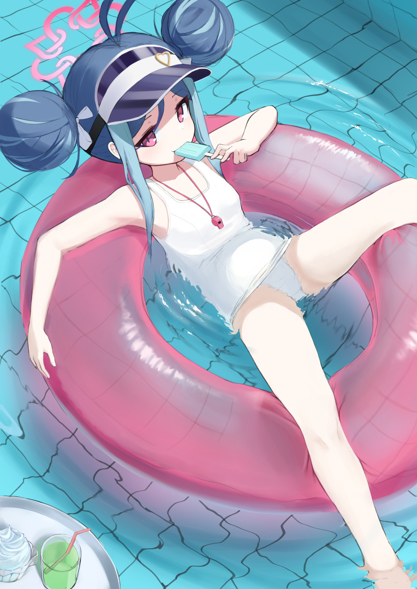 1girl absurdres antenna_hair blue_archive breasts commentary double_bun food fubuki_(blue_archive) fubuki_(swimsuit)_(blue_archive) hair_bun halo highres innertube irochan lifebuoy looking_at_viewer lying_on_water one-piece_swimsuit pink_halo pool popsicle school_swimsuit small_breasts solo swim_ring swimsuit whistle whistle_around_neck white_one-piece_swimsuit white_school_swimsuit